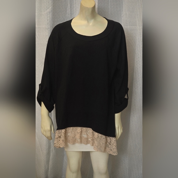 LOGO Lori Goldstein Top Womens XL Lace Ruffle Hem Adjustable Sleeve Black - Picture 1 of 15